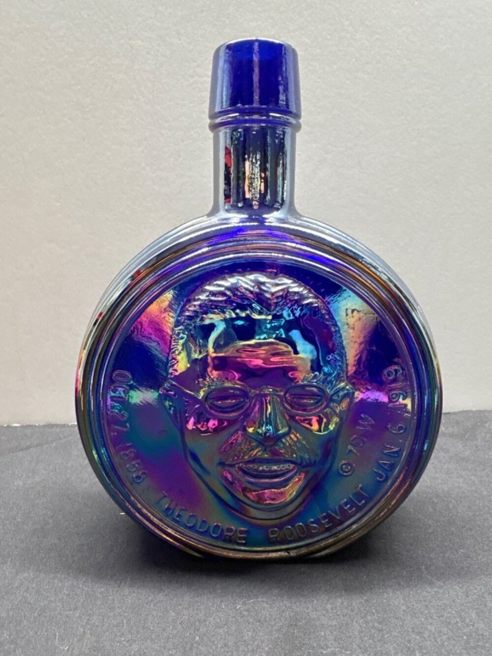 Vintage Wheaton Glass Cobalt Blue Carnival Glass Theodore Roosevelt Decanter Iri